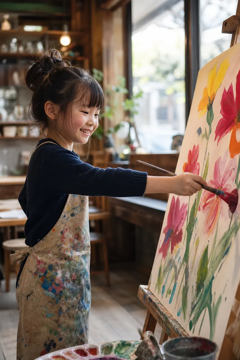 大きな紙に花の絵を描く子ども