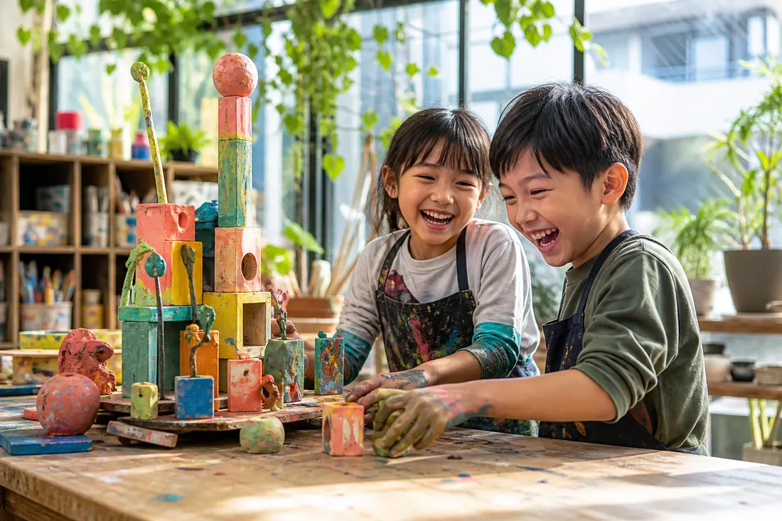 色を塗った木の立体をつくる子どもたち